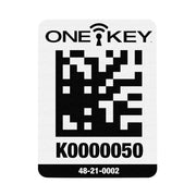 Large plastic asset ID tag with ONE-KEY logo, QR code, serial number K0000050, and model number 48-21-0002.