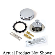Chrome plated bathtub drain trim kit components including overflow cover, strainer, star nut, adapter bar, and adhesive.
