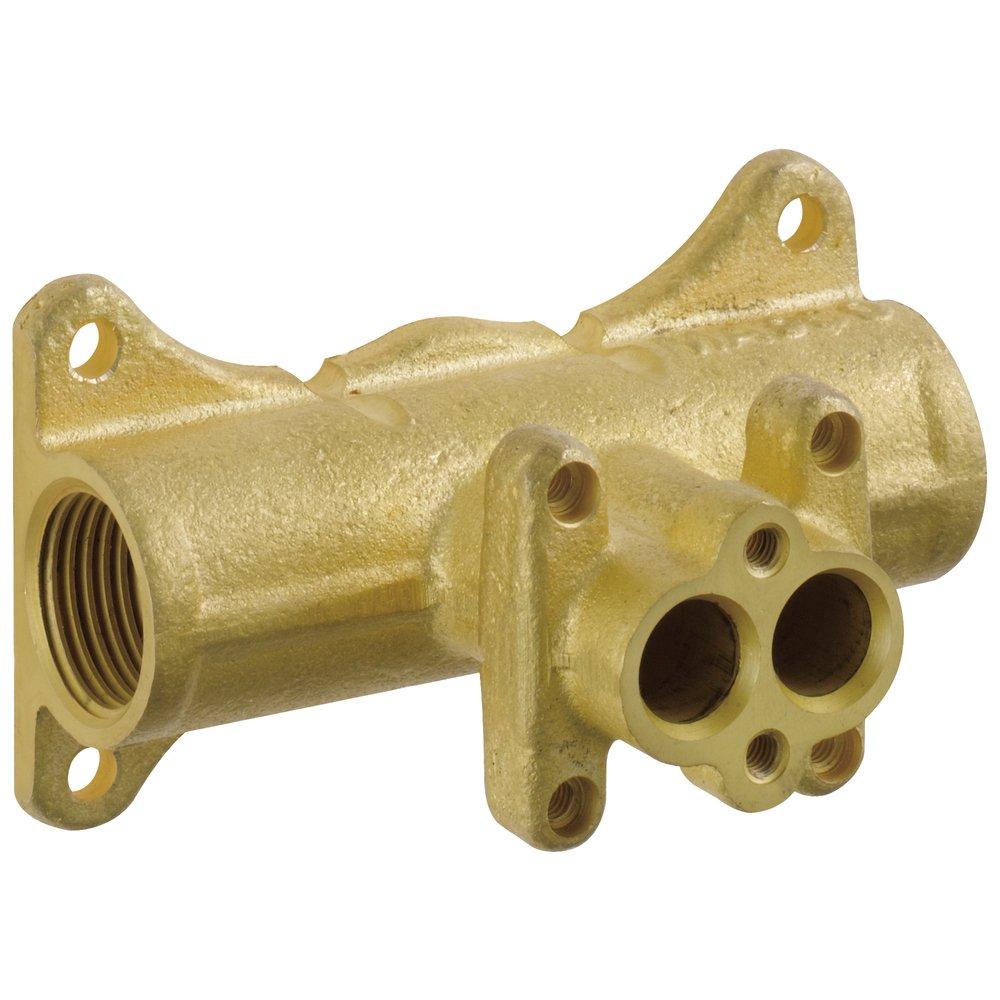 Brass wall-mount rough-in valve with single handle connection, threaded inlet, and dual outlet ports with mounting flanges.