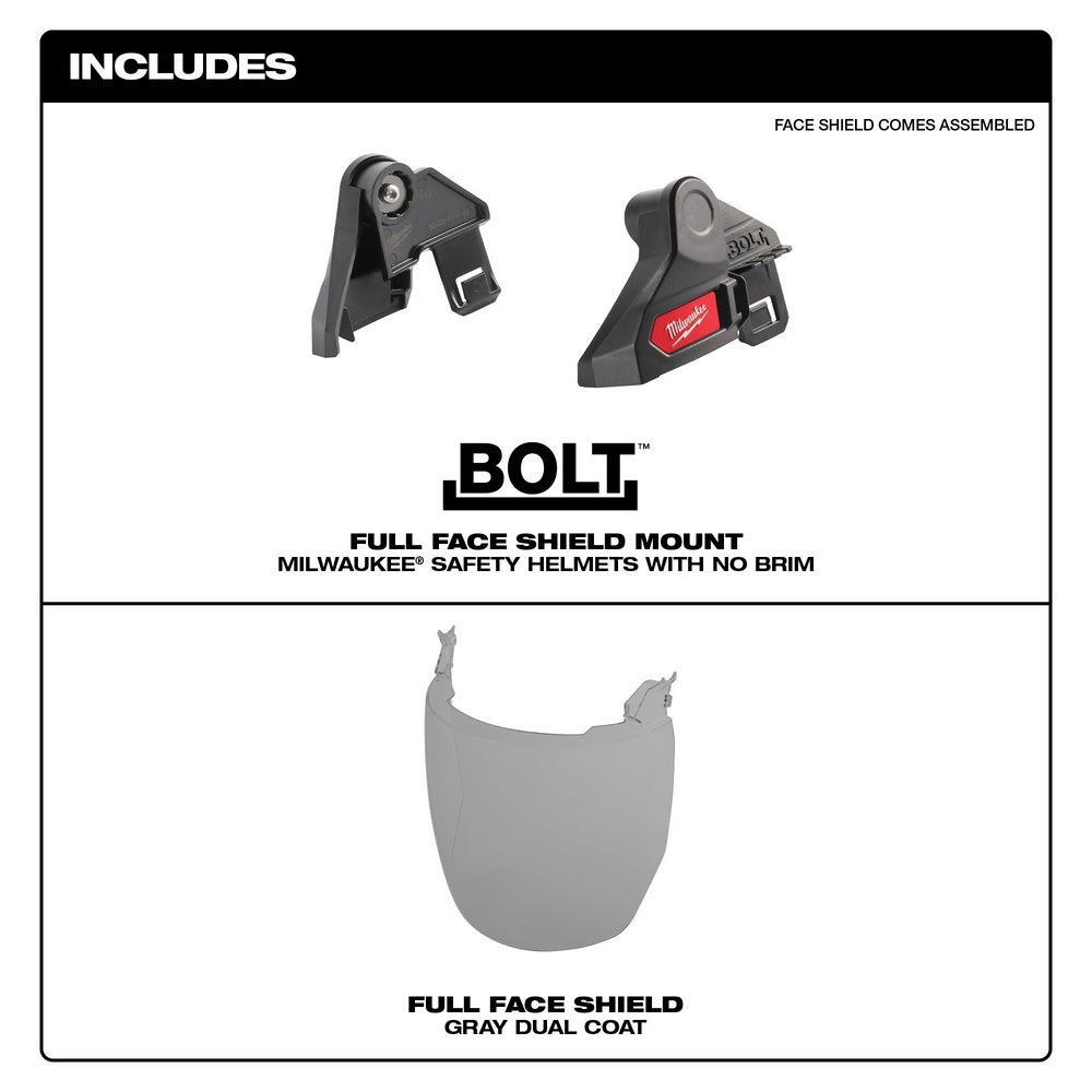 Milwaukee BOLT full face shield with gray dual coat lens and mounting brackets for helmets without brim.