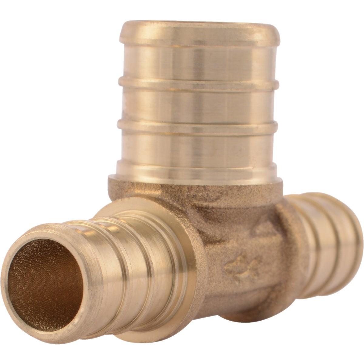 Brass PEX crimp tee fitting with three barbed connection ports in different sizes.