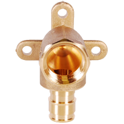 Brass three-hole drop ear elbow fitting with PEX connection on bottom and female threaded port, mounting holes visible on upp