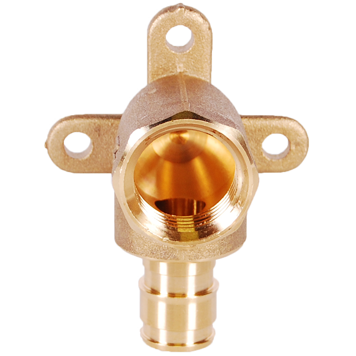 Brass three-hole drop ear elbow fitting with PEX connection on bottom and female threaded port, mounting holes visible on upp