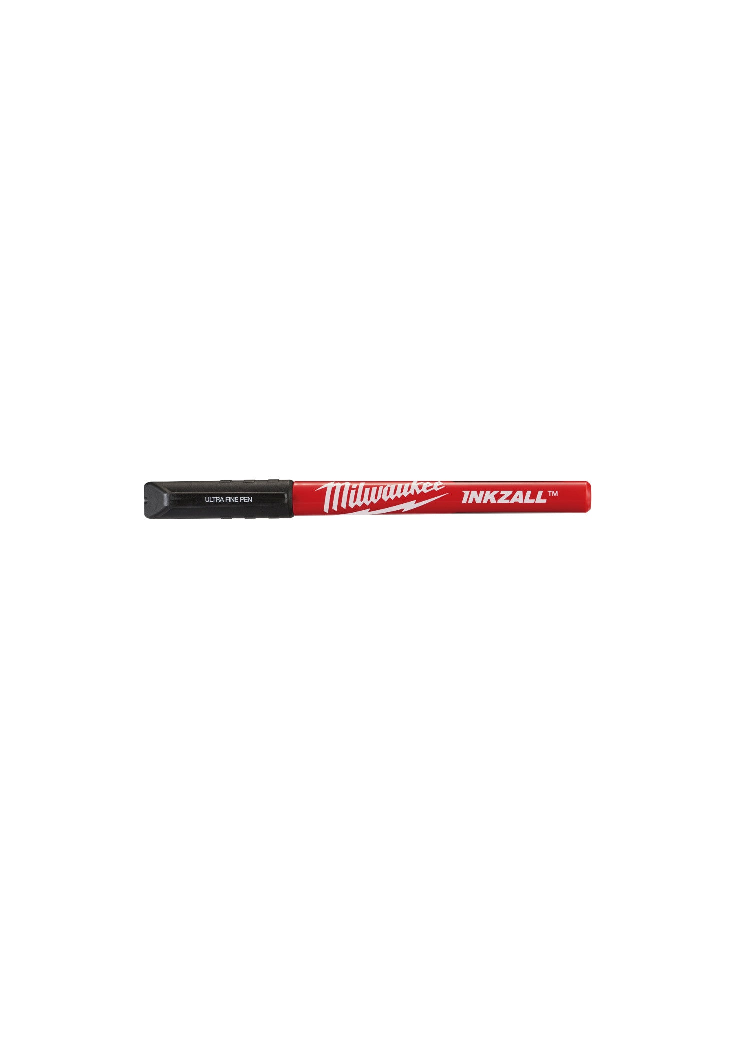 Single Milwaukee INKZALL black ultra fine point pen with red barrel and black cap.