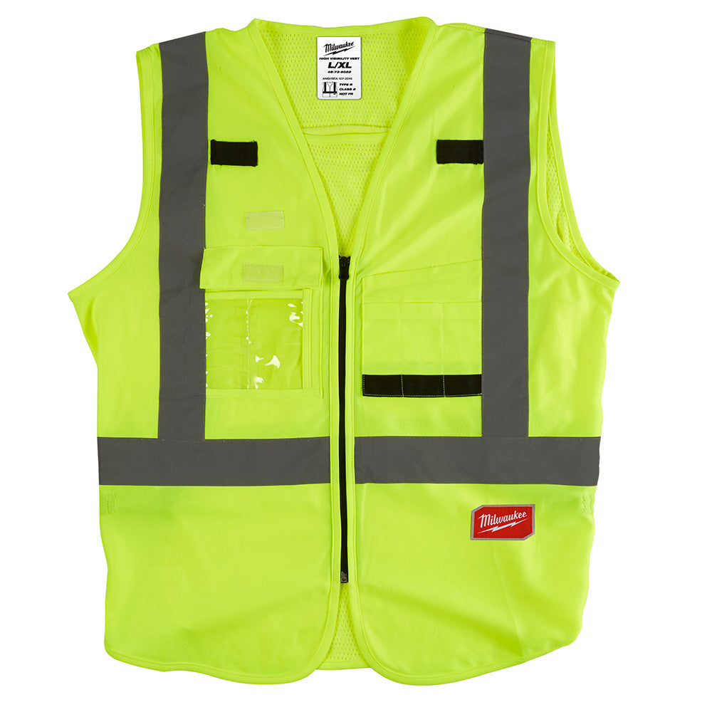 Bright yellow polyester safety vest with gray reflective stripes, front pockets, and zip closure.