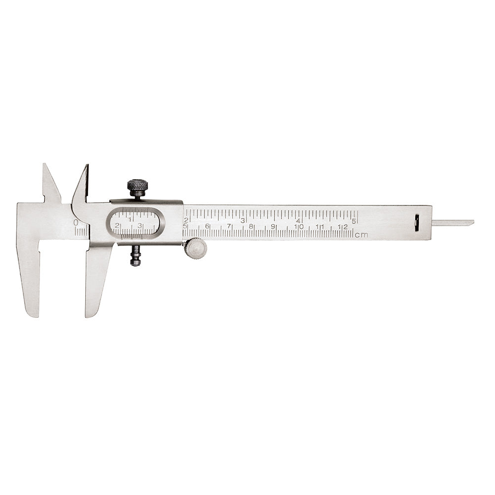 Stainless steel vernier caliper with measurement scale, adjustable jaws, and dial gauge for precision measurements.
