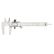 Stainless steel vernier caliper with measurement scale, adjustable jaws, and dial gauge for precision measurements.