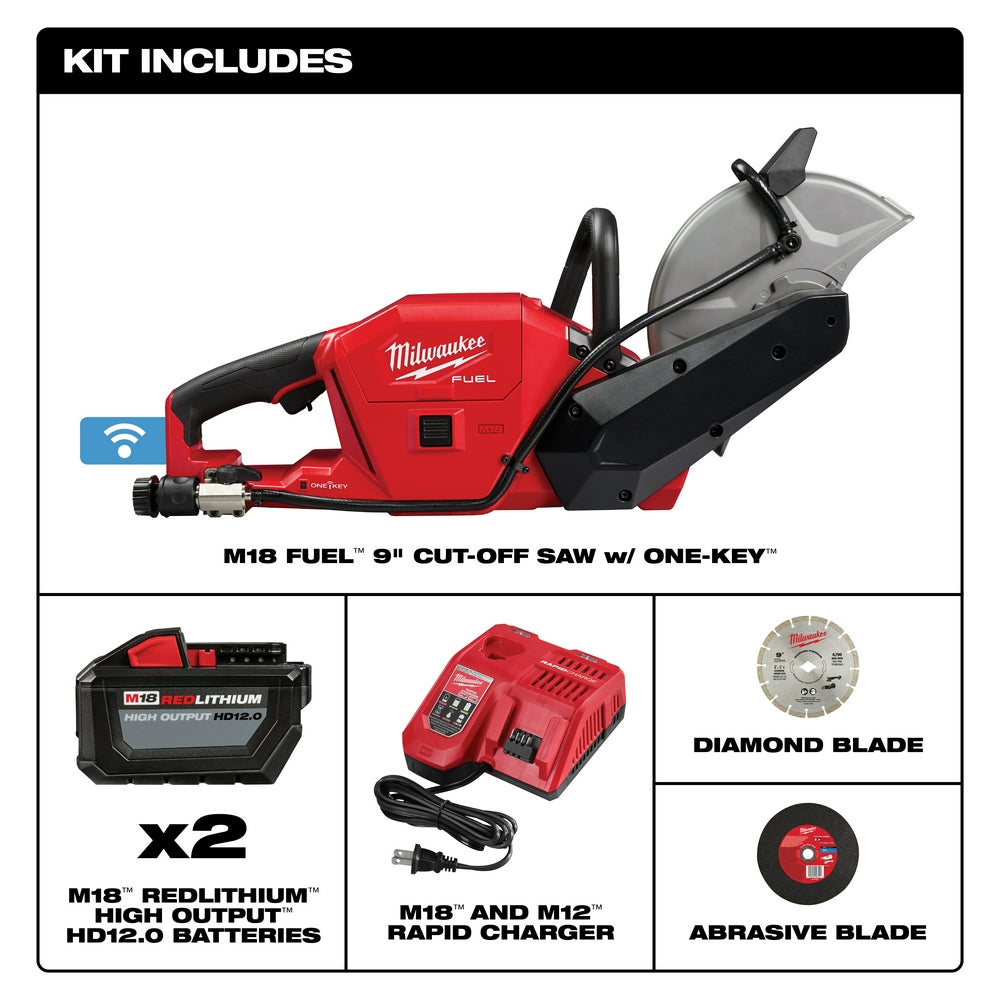 Red Milwaukee M18 FUEL 9-inch cut-off saw with black handles, gray dust collection shroud, two batteries, charger, diamond bl