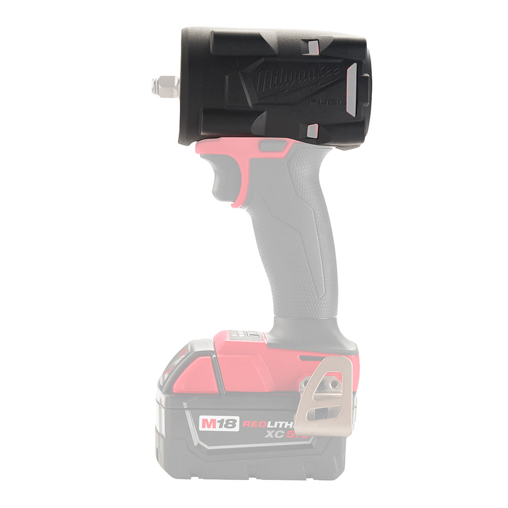 Black protective boot cover for Milwaukee M18 FUEL compact impact wrench, shown attached to tool head.