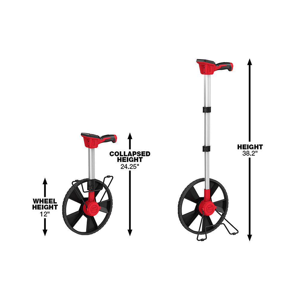Red and black digital measuring wheel with 12" diameter wheel, shown collapsed at 24.25" and extended to 38.2" height.