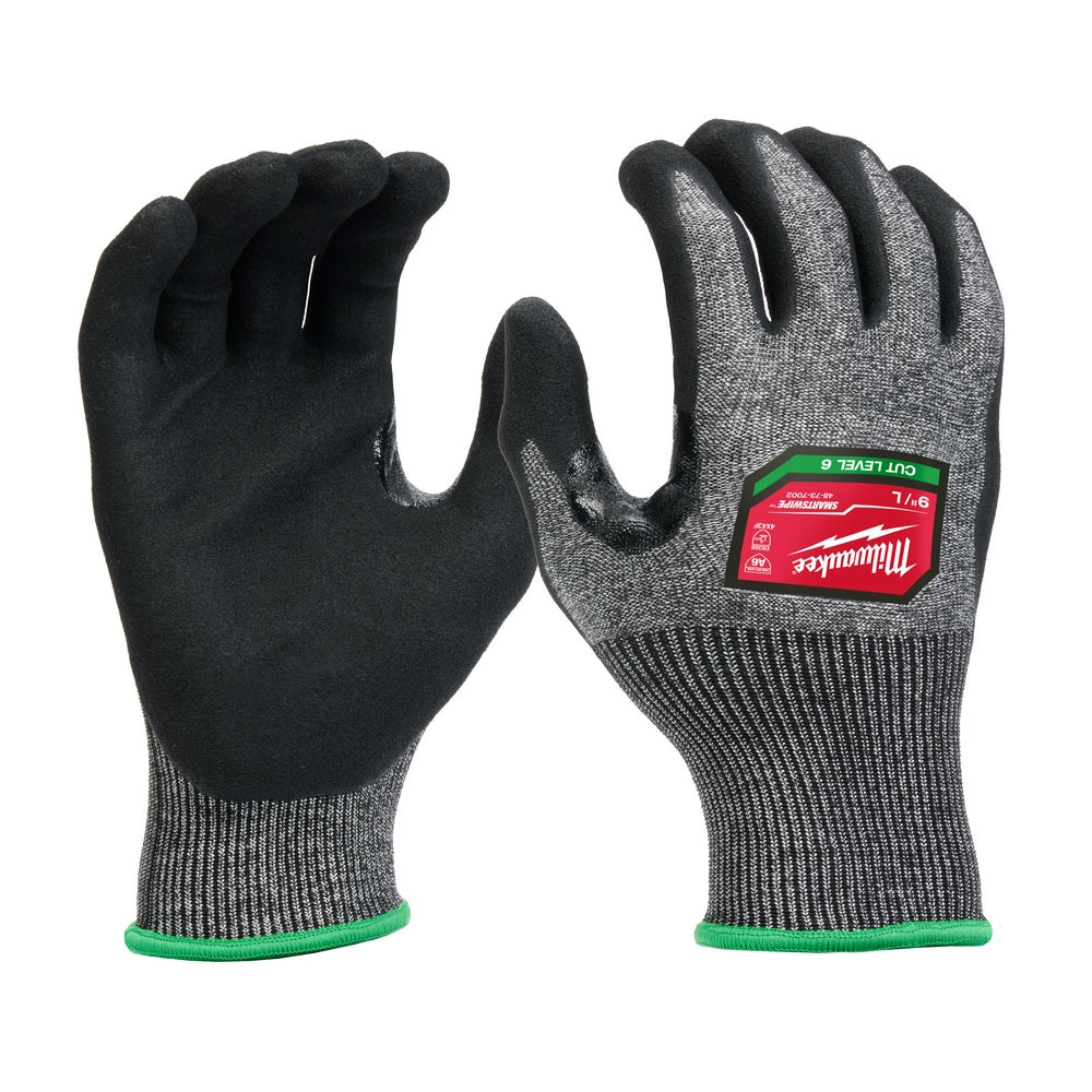 Gray and black nitrile-dipped work gloves with green cuff trim and Milwaukee label on back.