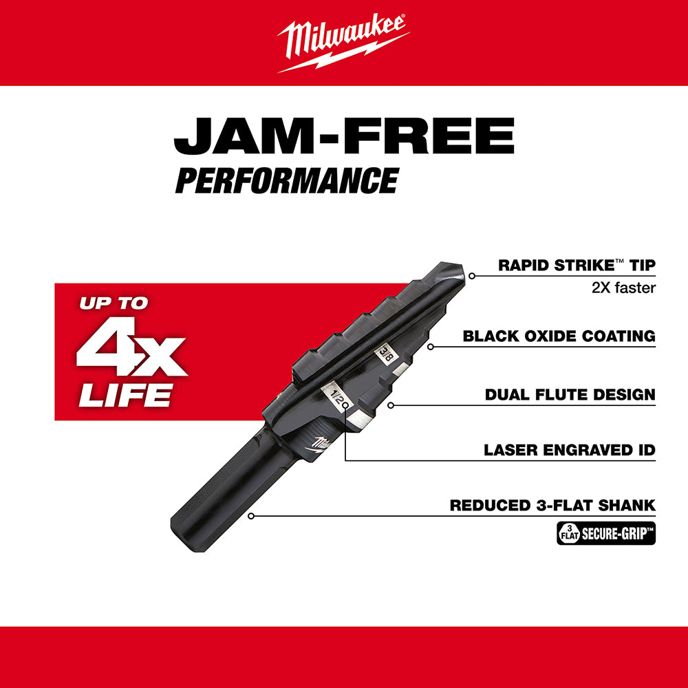 Milwaukee #6 step drill bit with black oxide coating, Rapid Strike tip, dual flute design, and reduced 3-flat shank displayed