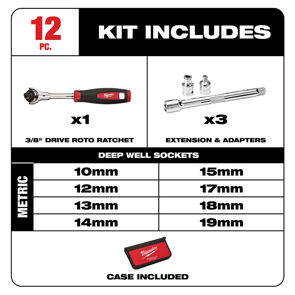 Milwaukee 12-piece metric socket set with roto ratchet, extensions, adapters, and deep well sockets in carrying case.