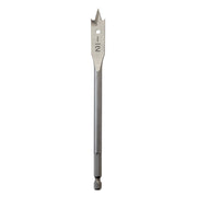 Milwaukee flat boring bit with pointed tip and center hole, marked with measurement scale.