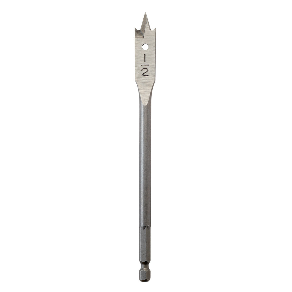 Milwaukee flat boring bit with pointed tip and center hole, marked with measurement scale.