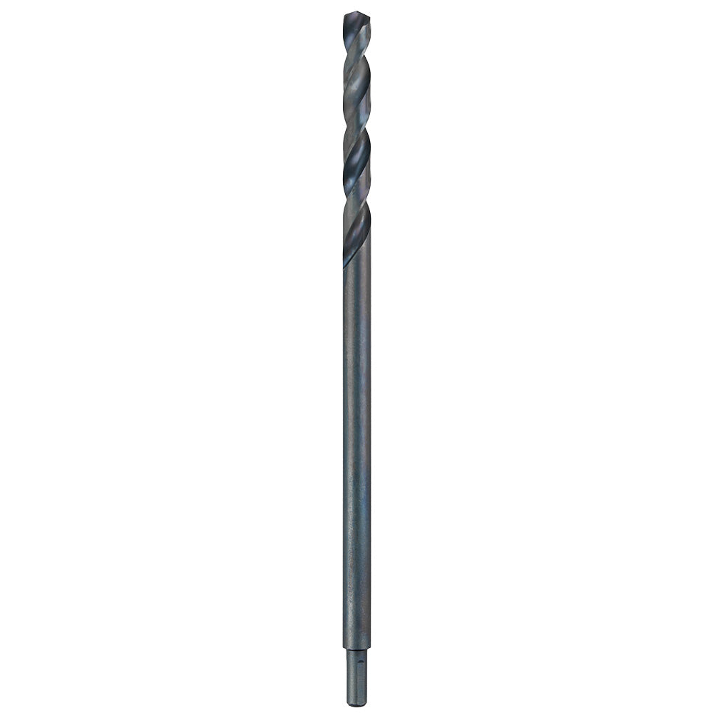 Black oxide twist drill bit with 1/2 inch diameter and elongated aircraft length shaft.