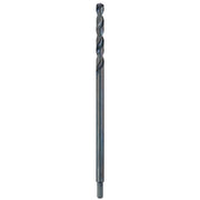 Black oxide twist drill bit with 1/2 inch diameter and elongated aircraft length shaft.