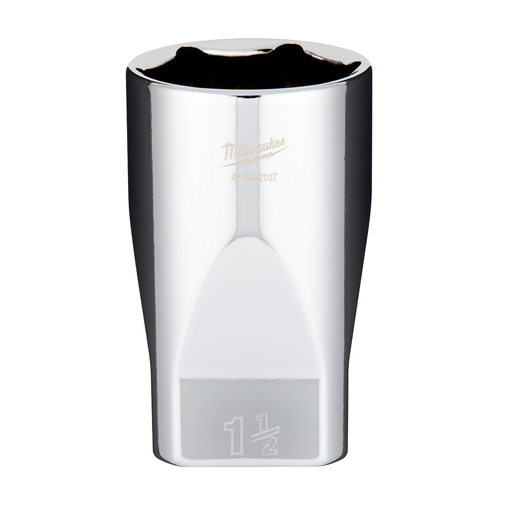 Chrome deep socket with 1/2" drive and 1-1/2" depth, branded Milwaukee with model number 45-34-2107.