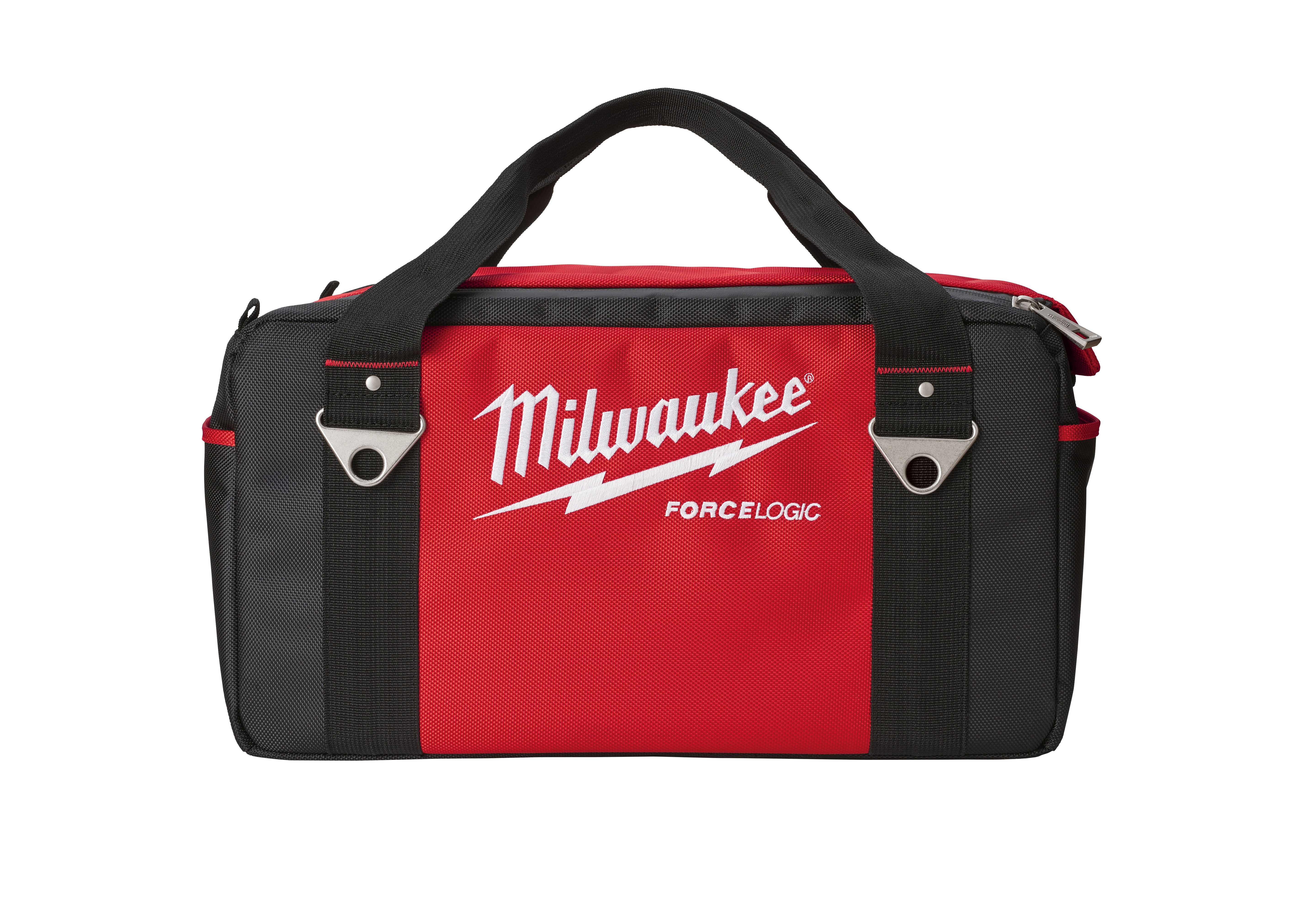 Red and black Milwaukee utility bag with dual handles, metal D-rings, and FORCELOGIC branding on front panel.