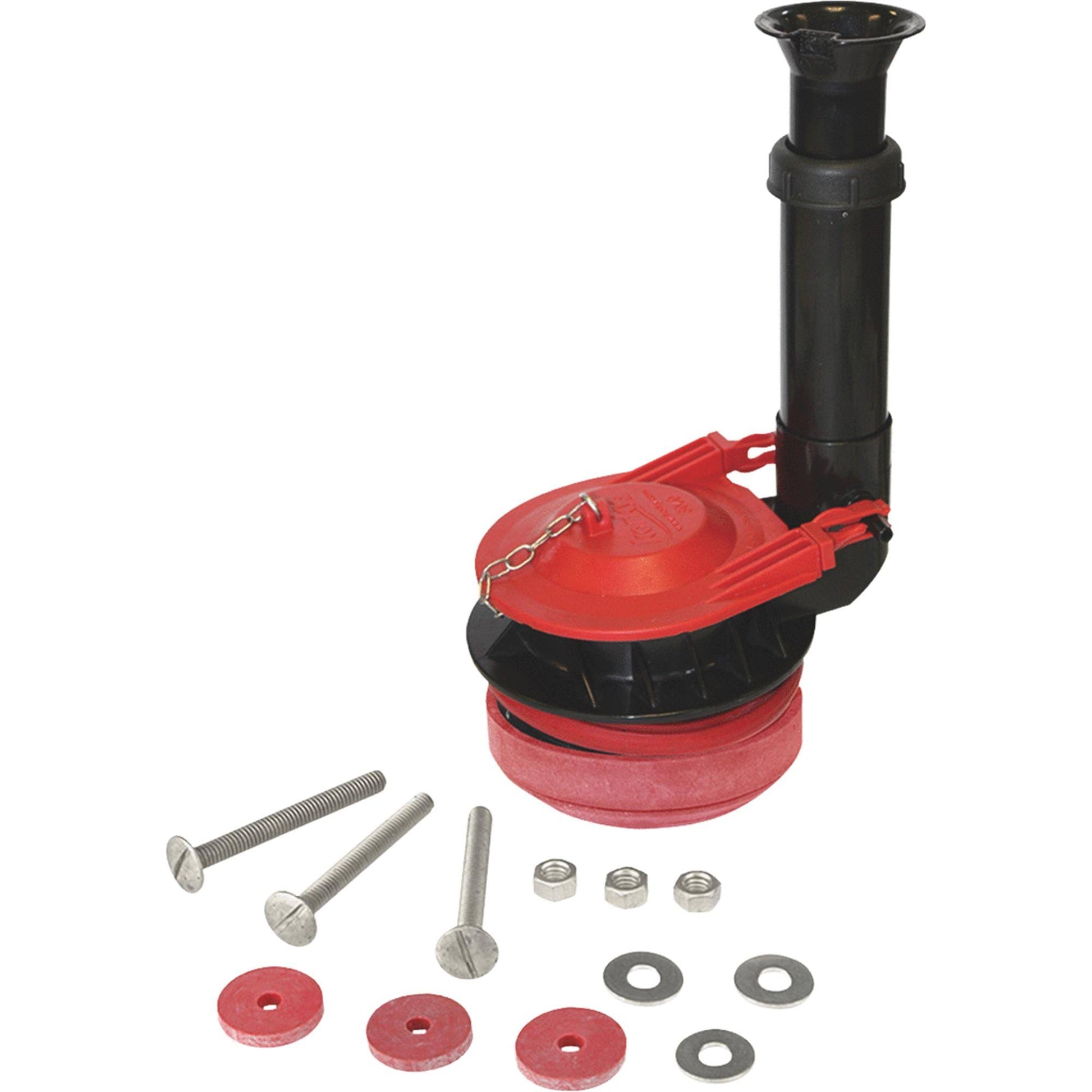 Toilet flush valve assembly with red and black components, bolts, nuts, washers, and red gaskets included.