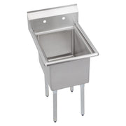 Stainless steel one-compartment sink with backsplash, faucet holes, and four legs.