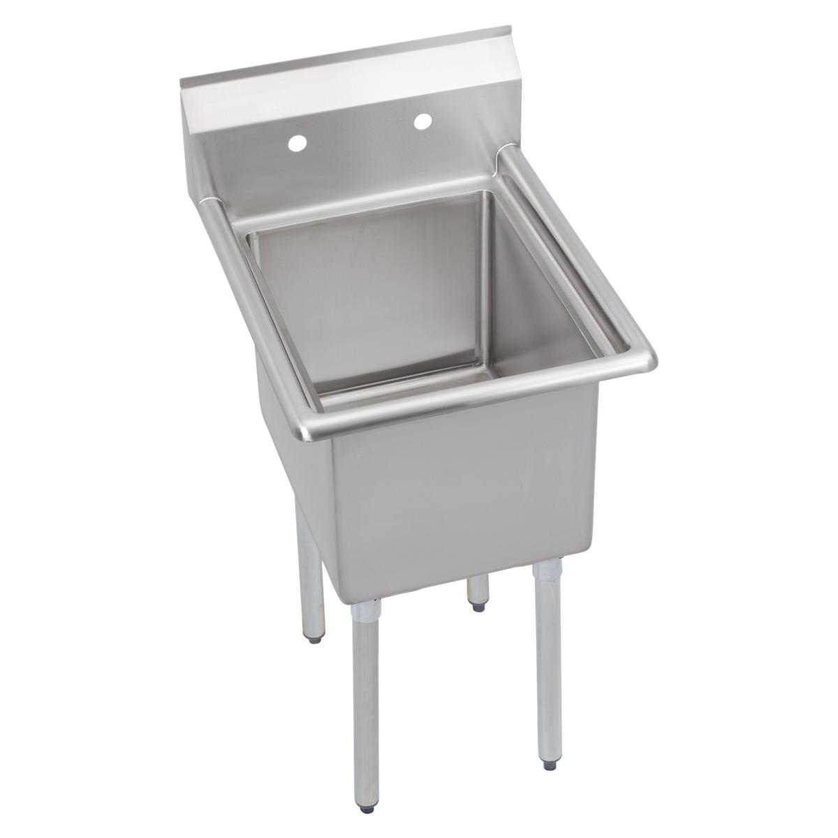 Stainless steel one-compartment sink with backsplash, faucet holes, and four legs.
