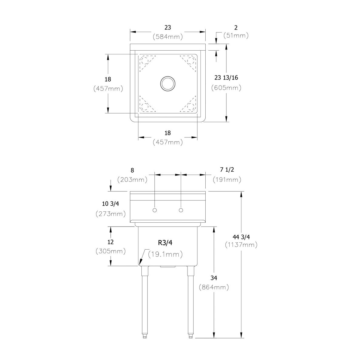 Stainless steel one-compartment sink with single drain hole and four legs, shown in top and side technical diagrams with dime