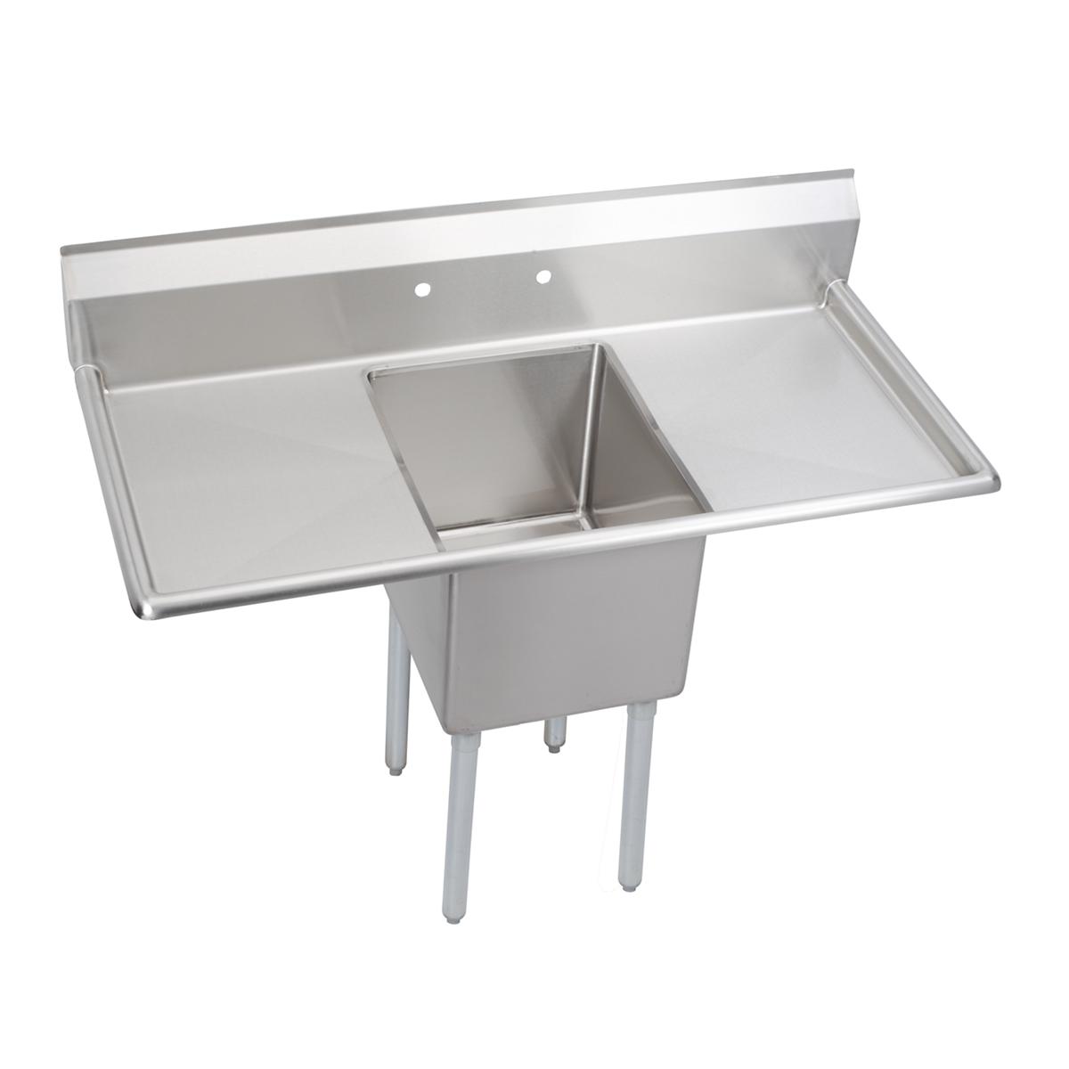 Stainless steel one-compartment sink with dual drainboards on left and right sides and four metal legs.