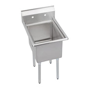 Stainless steel one-compartment sink with backsplash and drainboard on four legs.