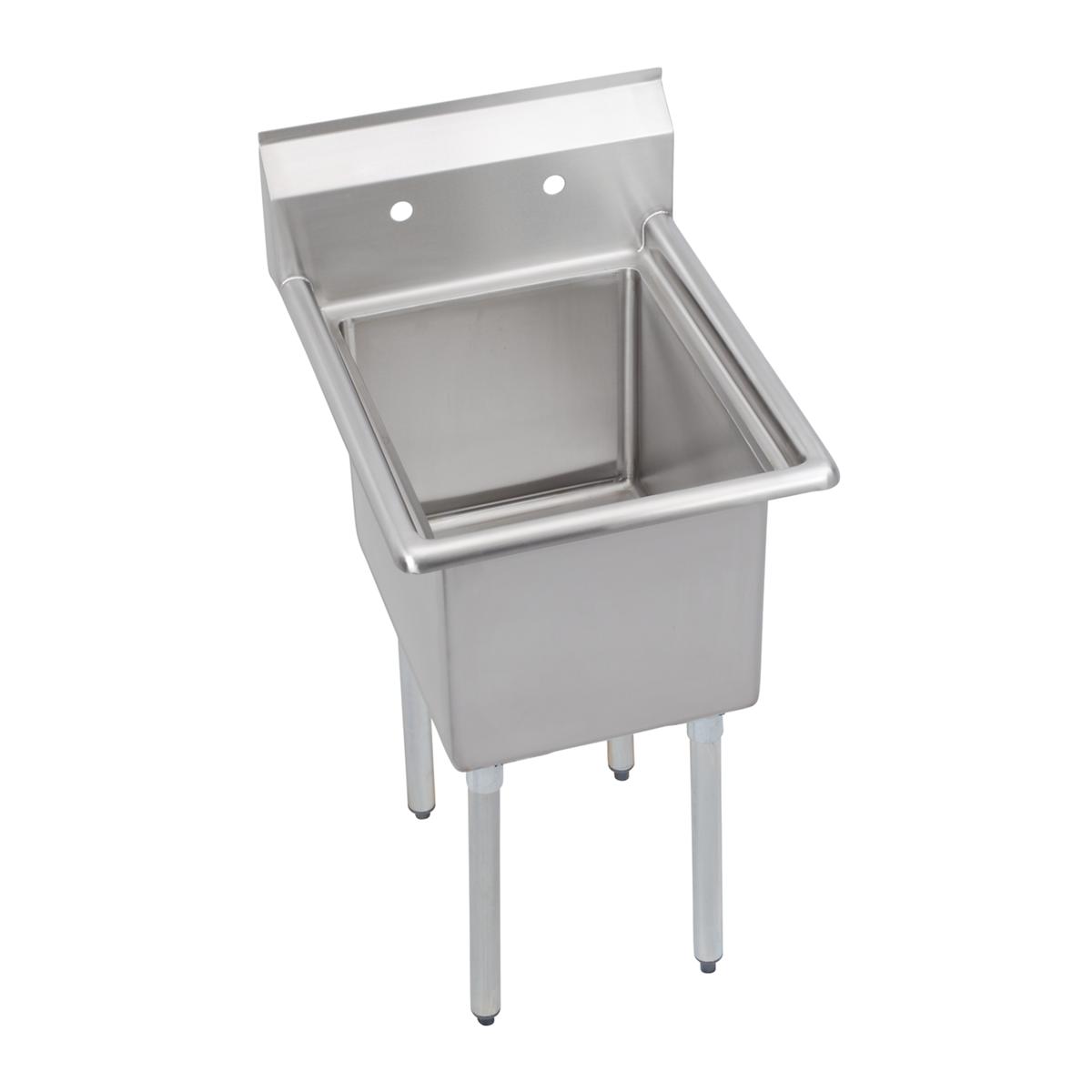 Stainless steel one-compartment sink with backsplash and drainboard on four legs.