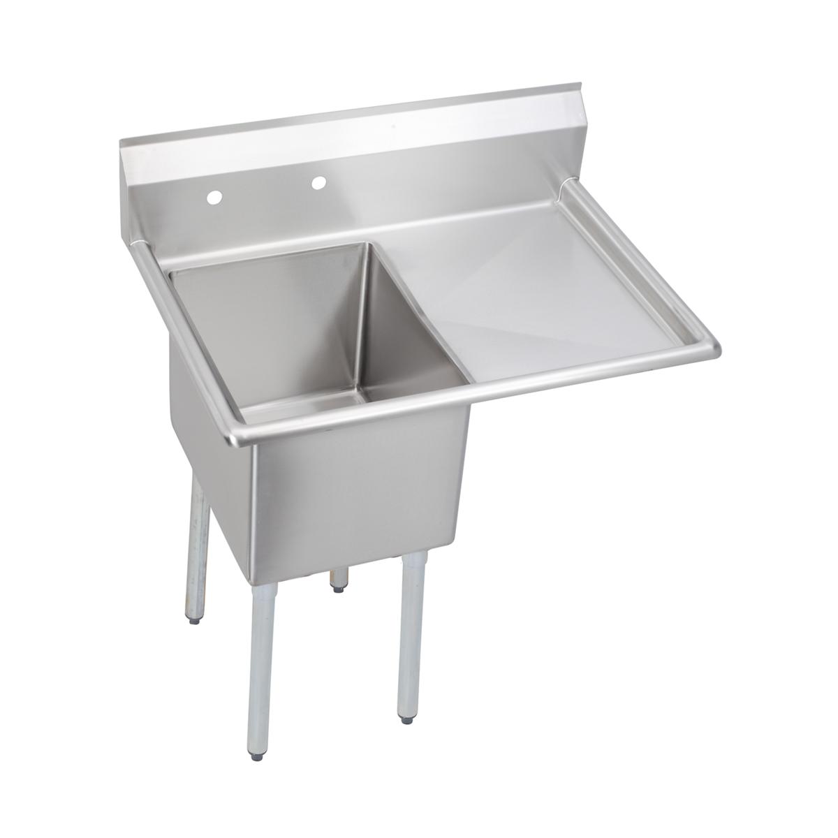 Stainless steel one-compartment sink with single drainboard and metal legs.