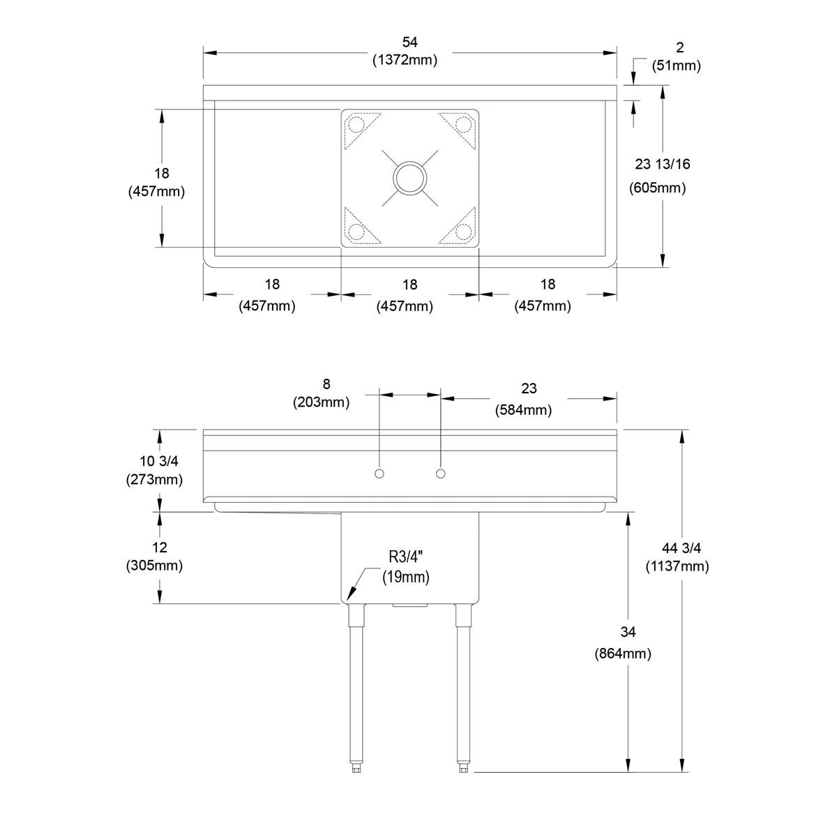 Stainless steel one-compartment sink with center basin, left and right drainboards, and four legs.