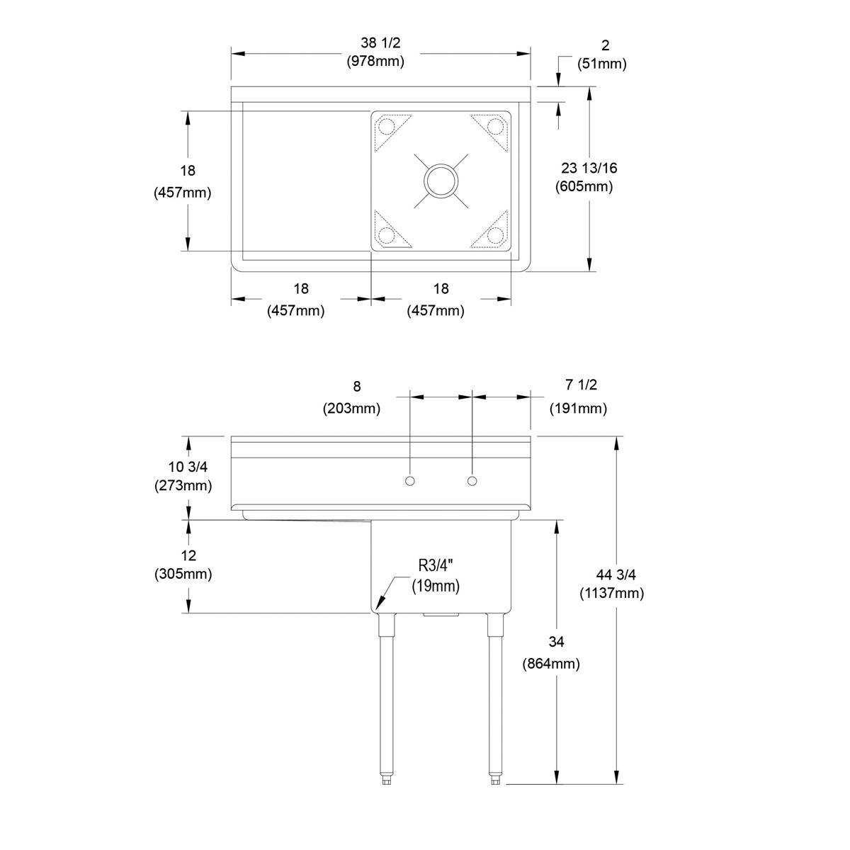 Stainless steel one-compartment sink with 18" left drainboard and four legs, shown in top and side technical drawings with di