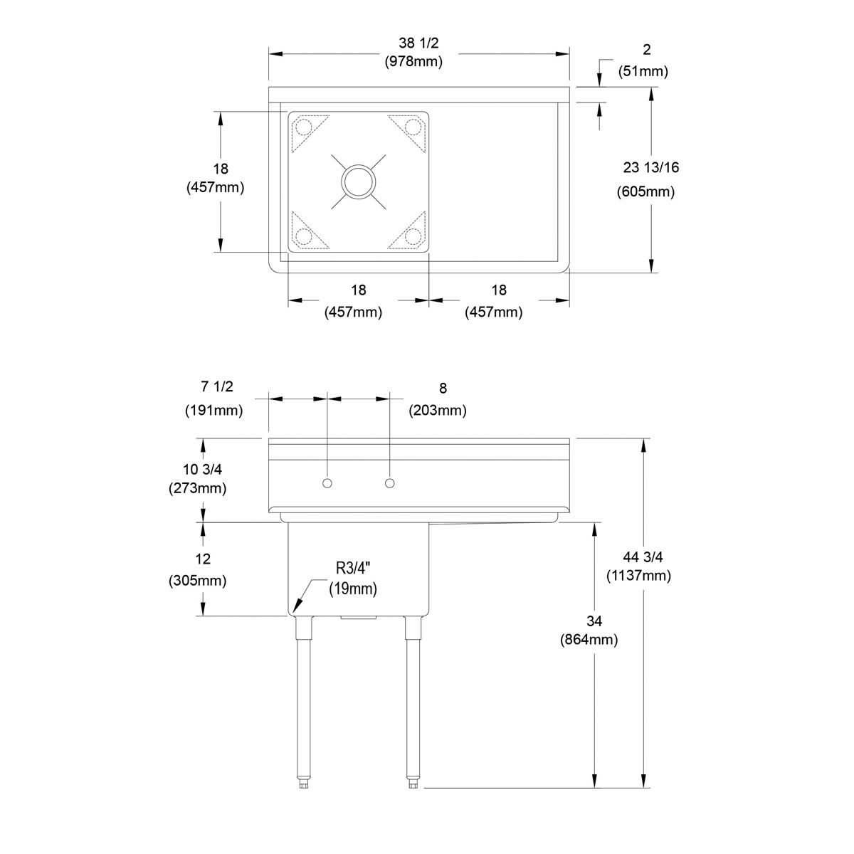 Stainless steel one-compartment sink with 18-inch right drainboard and four legs, shown in top and side view technical drawin