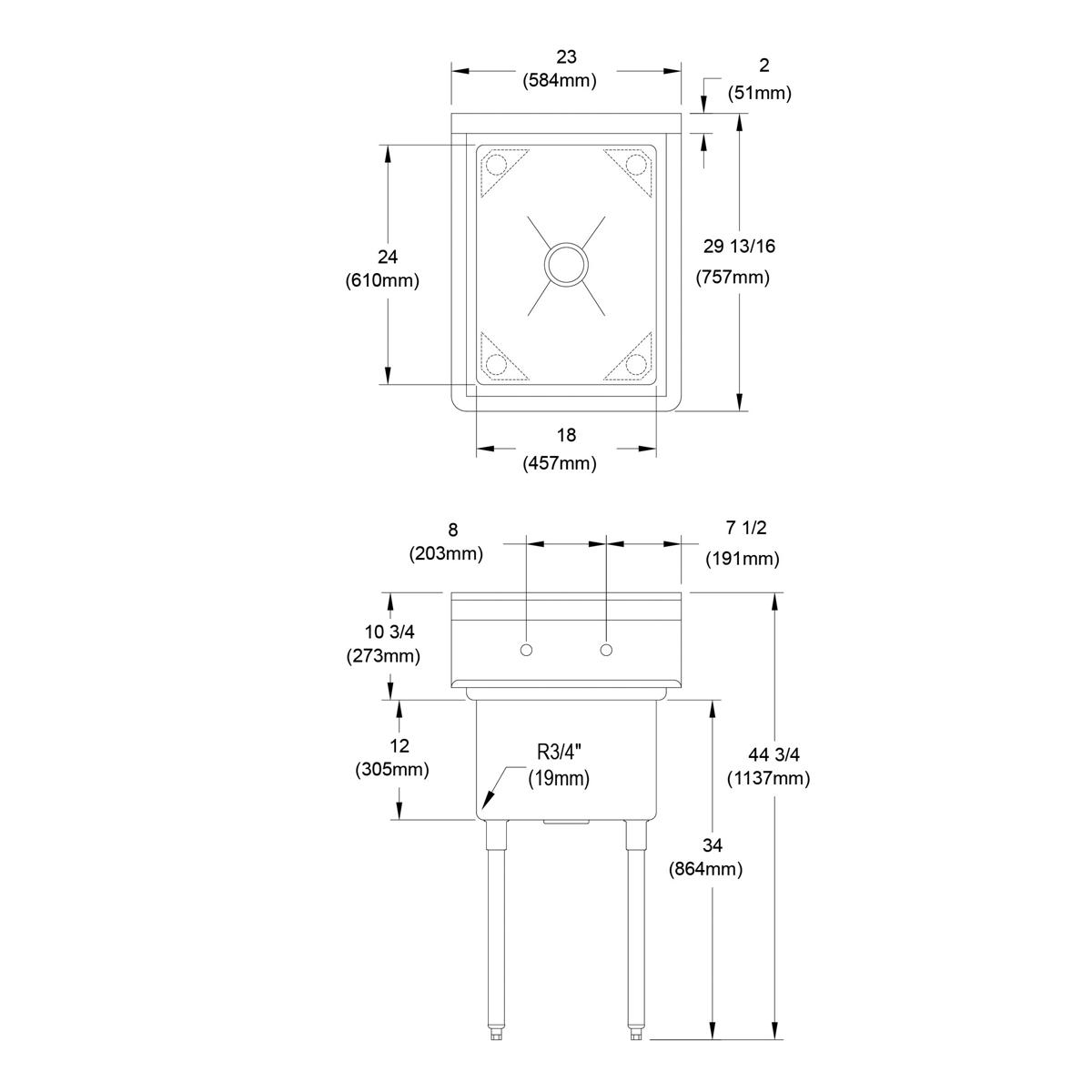 Stainless steel one-compartment sink with single basin, faucet holes, and four legs, shown in technical diagram with dimensio
