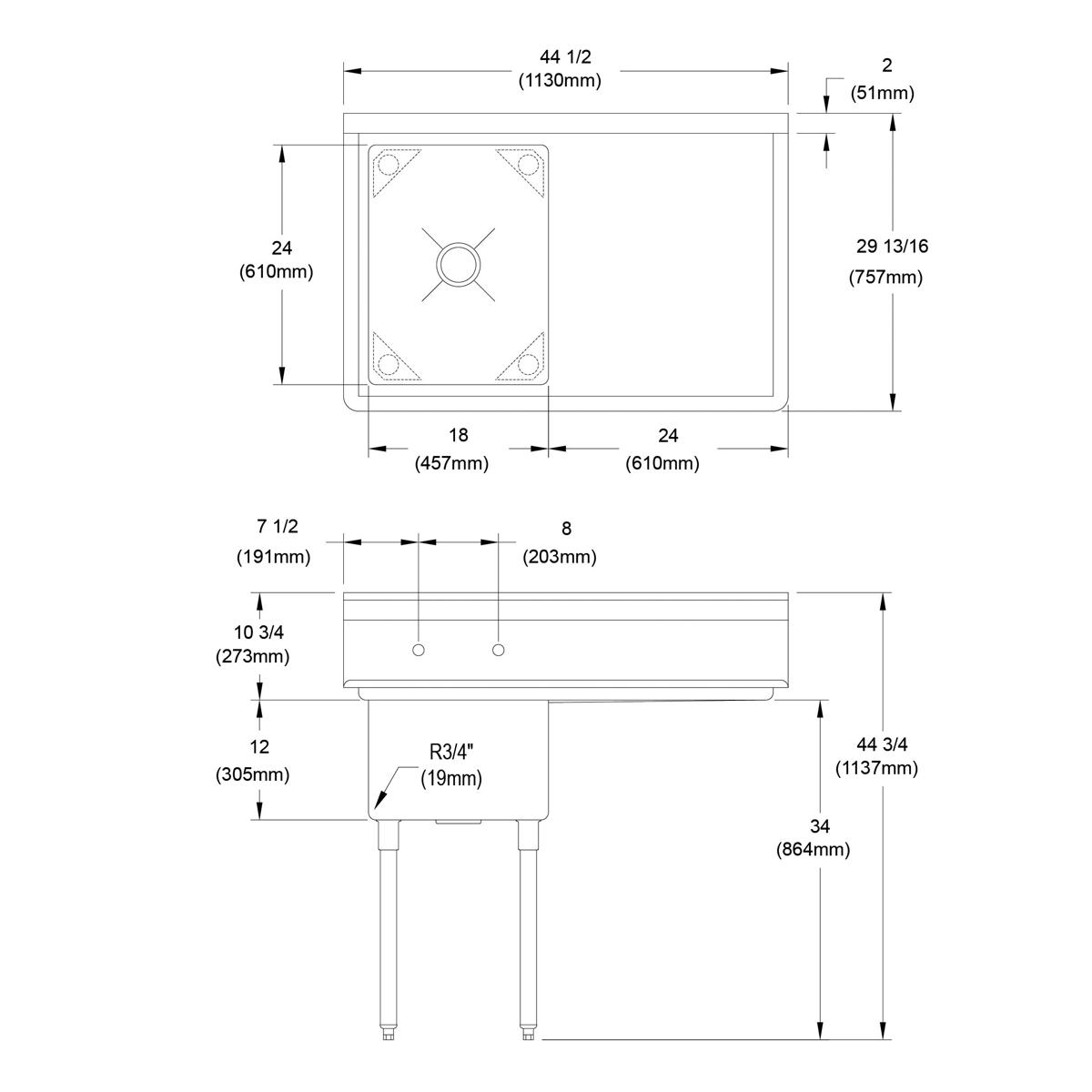 Stainless steel one-compartment sink with 24" right drainboard and metal legs, shown in top and side technical drawings with 