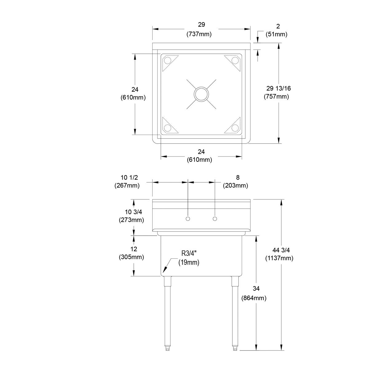 Technical schematic diagram of stainless steel one-compartment sink with dimensions and drainage specifications.