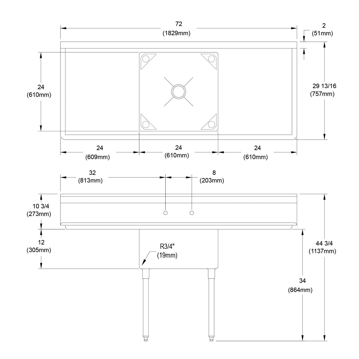 Top-down and side schematic views of a stainless steel sink with one central compartment, two 24-inch drainboards, and leg me