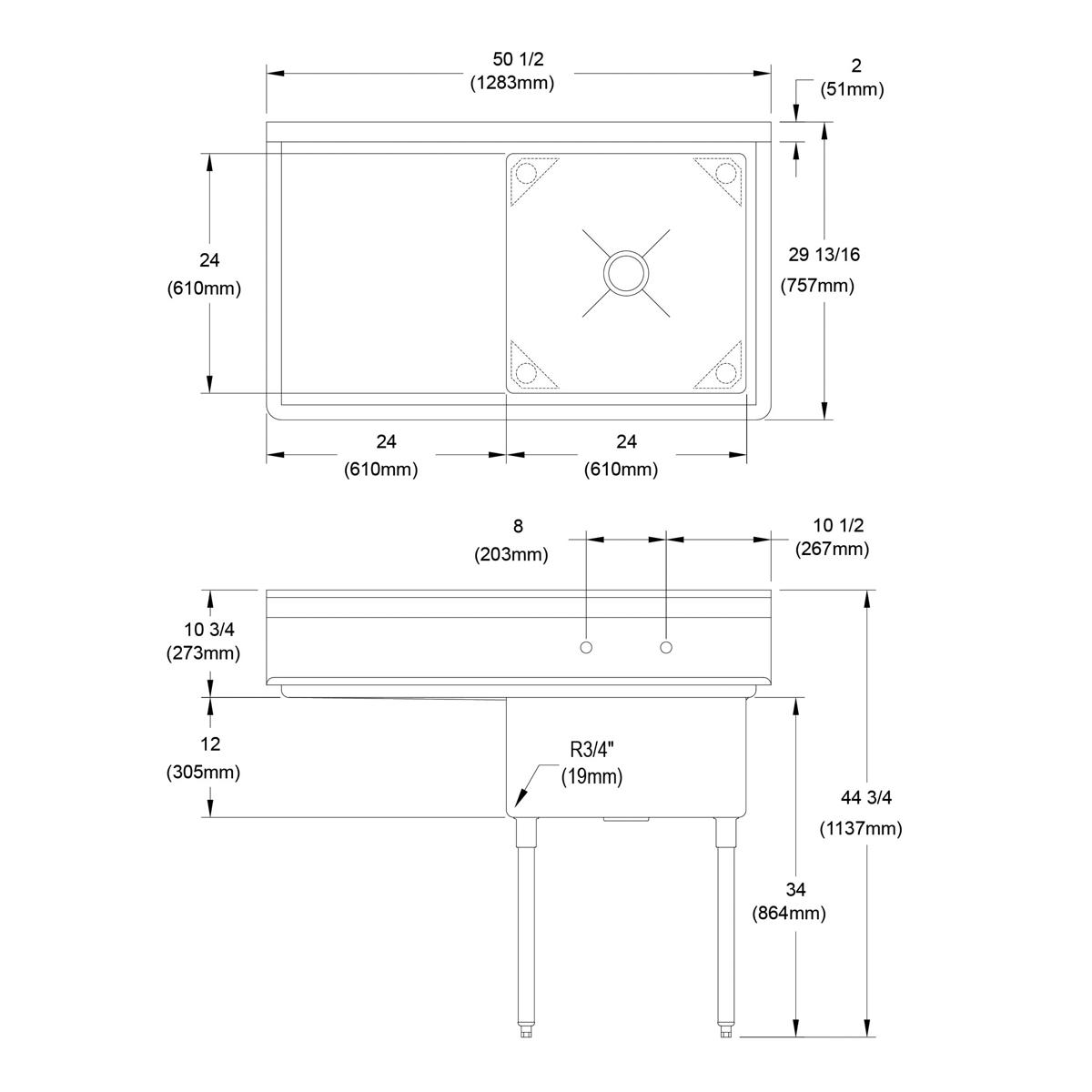 Technical drawing of stainless steel one-compartment sink with left drainboard and leg dimensions labeled.