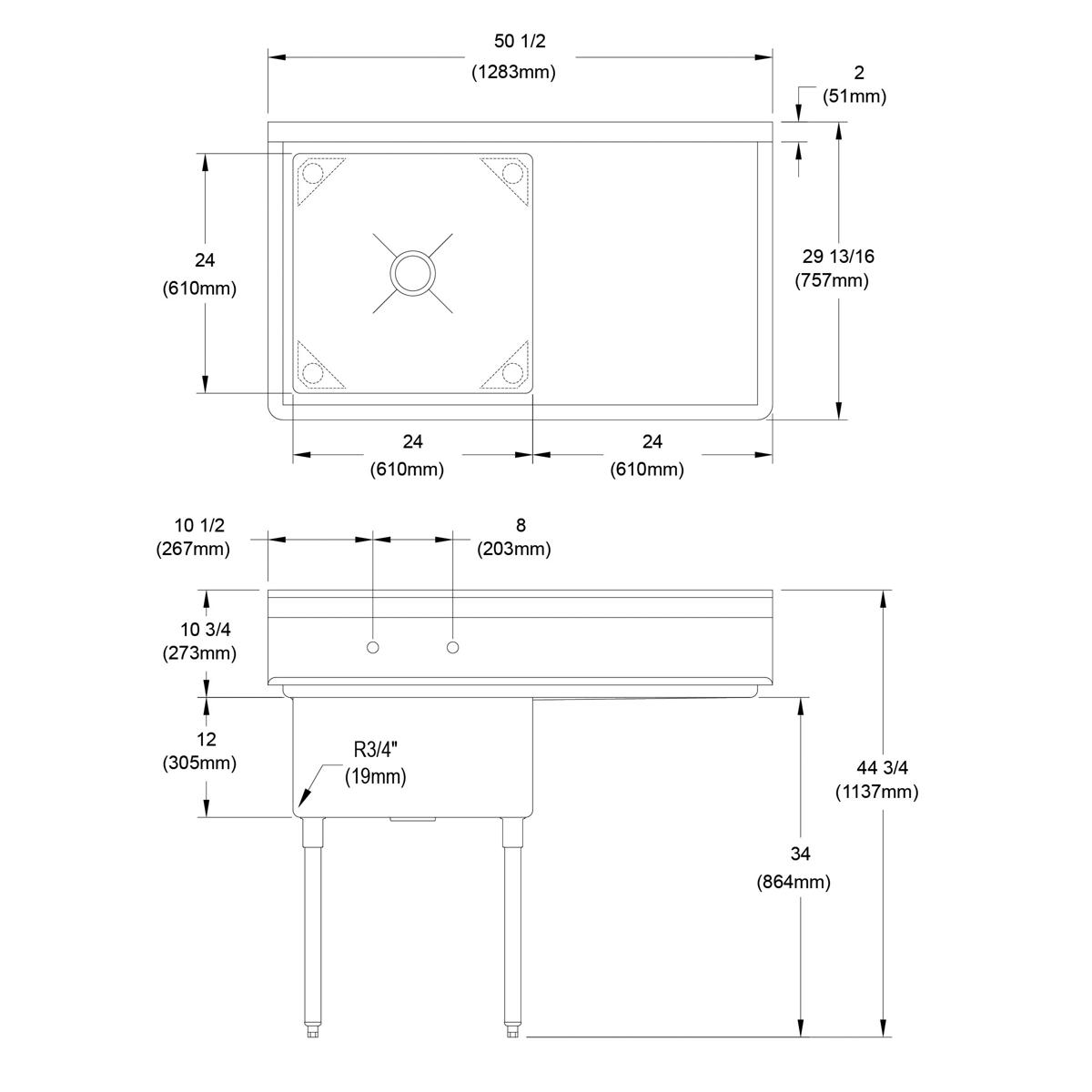 Stainless steel commercial sink with one compartment, right drainboard, and four legs, shown in top and side technical drawin
