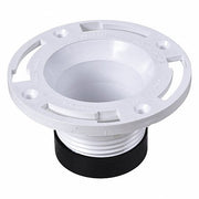 White PVC toilet flange with threaded base and mounting holes, shown with black rubber gasket.