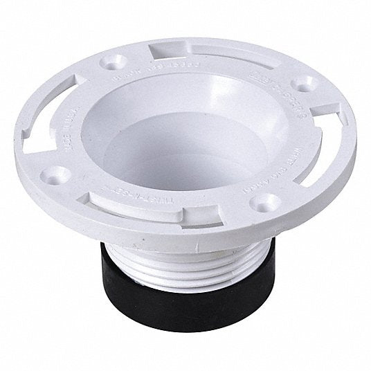 White PVC toilet flange with threaded base and mounting holes, shown with black rubber gasket.