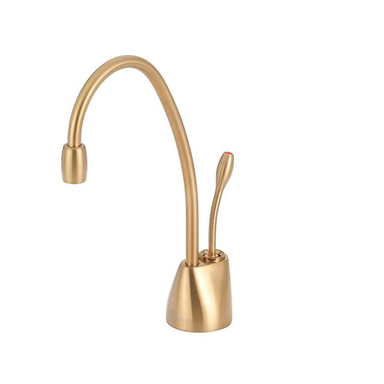 Brushed bronze instant hot water dispenser faucet with curved spout and single lever handle.