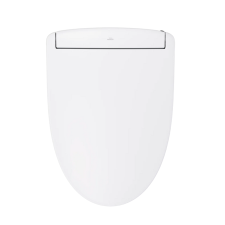 White elongated bidet toilet seat with integrated control panel on lid.