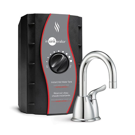 InSinkErator Invite HOT150 instant hot water dispenser tank in black with red stripe and matching chrome faucet.