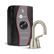 Satin nickel instant hot water dispenser system with black and gray tank featuring temperature control dial and matching fauc