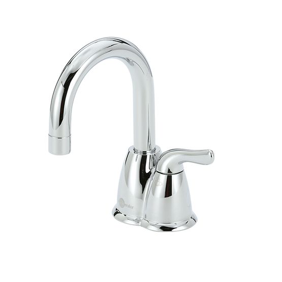 Chrome instant hot water dispenser with curved spout and single lever handle.