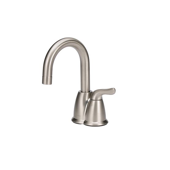 Satin nickel instant hot water dispenser with curved spout and single lever handle.