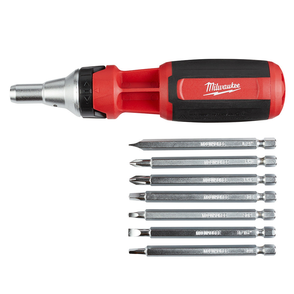 Red and black Milwaukee ratcheting driver with square drive and seven interchangeable metal bits displayed below.