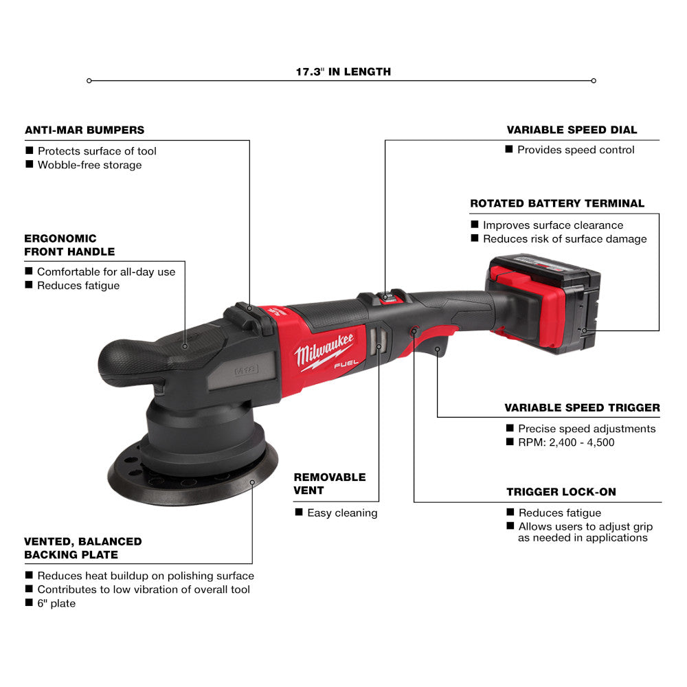 Milwaukee M18 FUEL 21mm random orbital polisher with red and black body, ergonomic handle, variable speed dial, and 6-inch ba